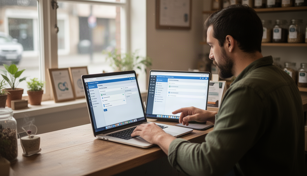 Chủ shop đang xem hướng dẫn trỏ tên miền về hosting trên laptop tại cửa hàng