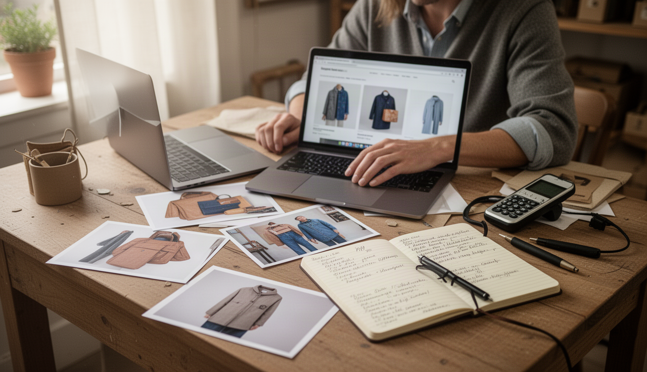 Chủ shop ngồi chuẩn bị tài liệu, hình ảnh sản phẩm trước khi thiết kế website
