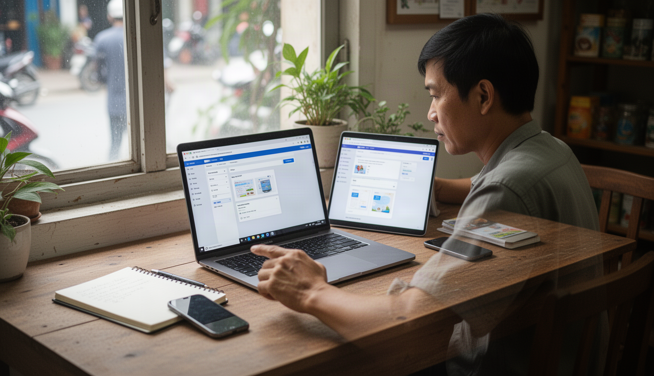 Chủ shop nhỏ đang xem laptop để chọn tên miền .vn hay .com cho website bán hàng