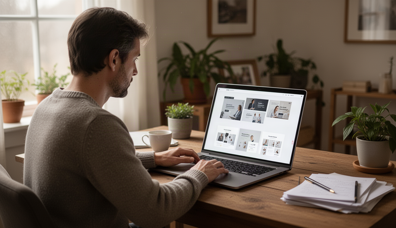 Chủ shop nhỏ đang xem các mẫu website trên laptop để chọn thiết kế phù hợp